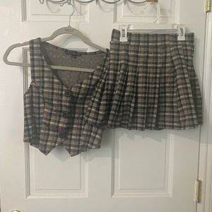 Black white and tan skirt vest set